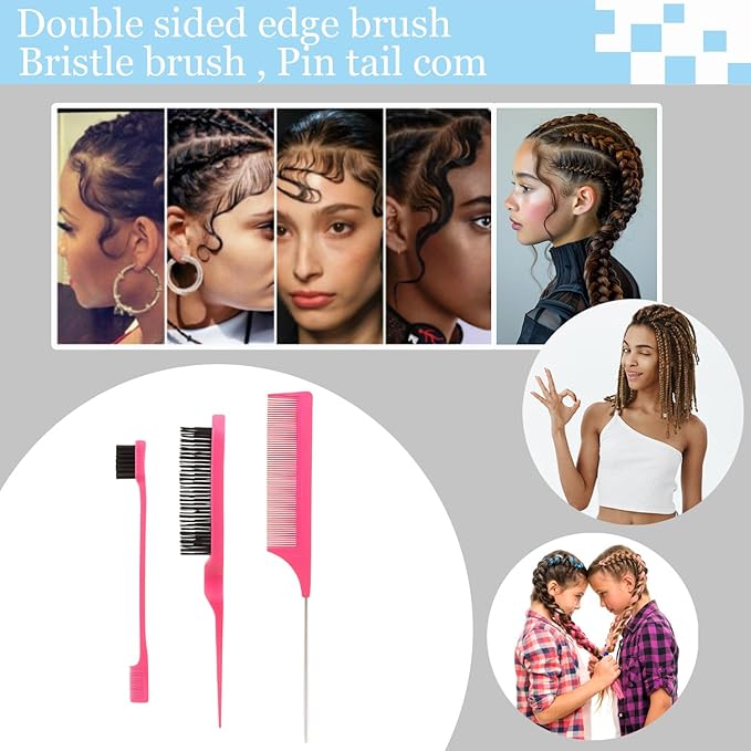 Curly Hair Brush,Curl Defining Brush,Slick Back Hair Brush,Rat Tail Comb,Edge Bristle Brush,Clip Claw,Bow,Satin Scrunchies,No Damage Hair Ties,Scarf Hair Ties,Gifts For Women,Best Gift Set(Pink)