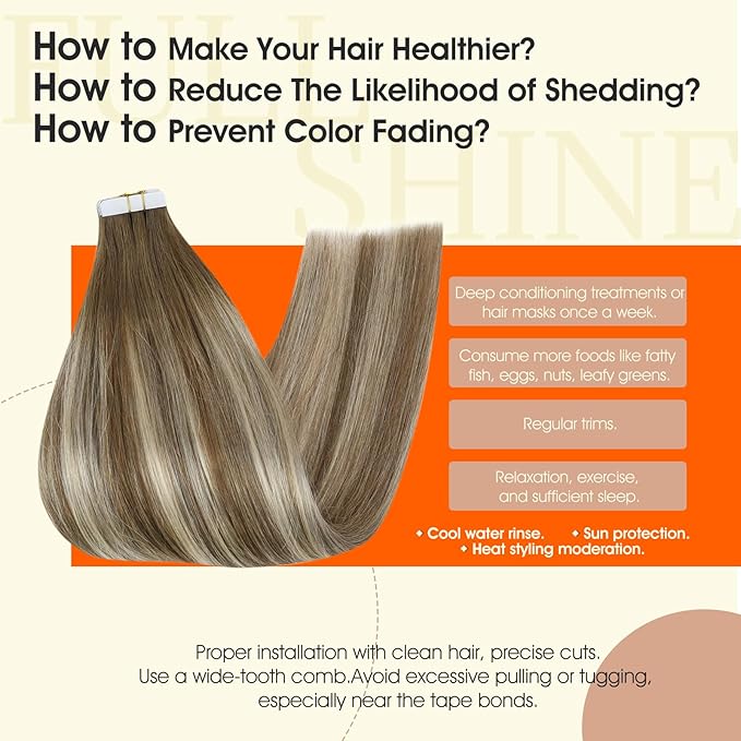 Full Shine Ombre Tape in Hair Extensions Human Hair 12Inch Seamless Tape in Extensions 6/60/6 Brown Ombre to Blonde Highlighted Light Blonde Double Sided Hair Extensions Remy Hair 30G 20pcs Natural