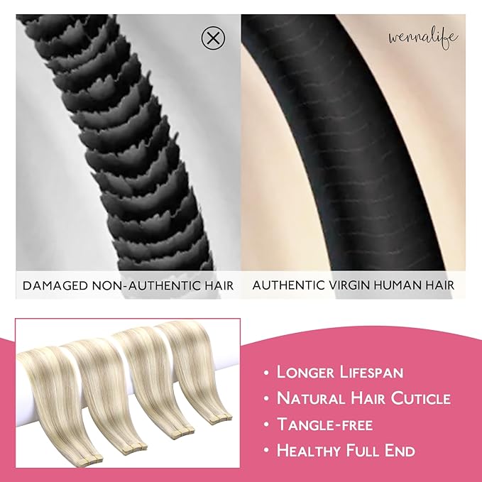 WENNALIFE Tape in Hair Extensions Human Hair Tape in Extensions, 10pcs 25g 16 inch Remy Invisible Tape Ins