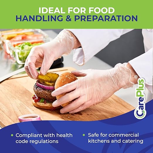 CARE PLUS Vinyl Gloves Clear Large Size 1000 Count | Heavy Duty, Non-Sterile, Powder-Free, Latex-Free Rubber | Food Prep, Kitchen & Cleaning Gloves, Ideal for Professional Use