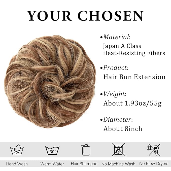 CJL HAIR Large Messy Bun Hair Piece Wavy Curly Scrunchies Synthetic Chignon Ponytail Hair Extensions Thick Updo Hairpieces for Women Medium Auburn/Ash Blonde
