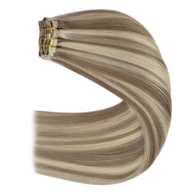 YoungSee 24 Inch Highlights Hair Extensions Clip ins Long Straight Clip on Hair Extensions for Women Light Brown Clip in Human Hair Extensions Highlights Light Brown with Blonde 120G 7Pcs