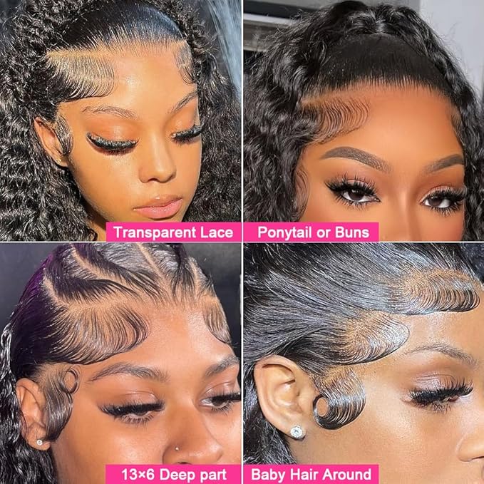 30 Inch 13×6 HD Lace Front Wigs Human Hair Water Wave 200 Density Lace Frontal Wigs Pre Plucked Deep Curly Human Hair Wig for Women Natural Black