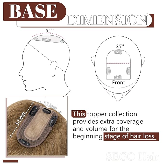 SEGO Real Human Hair Topper for Women, No Bangs Hair Topper with Anti-Slip Clips (12 Inch#6 Light Brown)