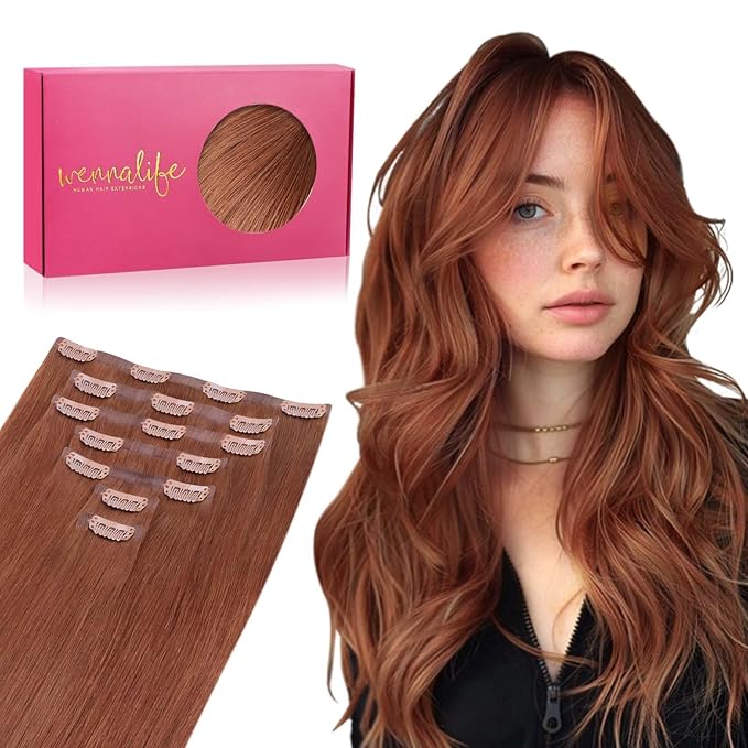 WENNALIFE Seamless Clip In Hair Extensions Human Hair, 12 Inch 80g 7pcs Dark Auburn Copper Real Hair Extensions Clip in Human Hair Invisible PU Skin Weft Natural Remy Hair