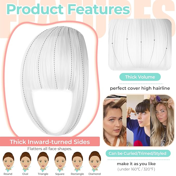 Clip in Bangs, Synthetic French Bangs Hair Clip, Fake Bangs Fringe with Temples Hairpieces for Women Natural Curved Hair Extensions for Daily Wear Silver Grey
