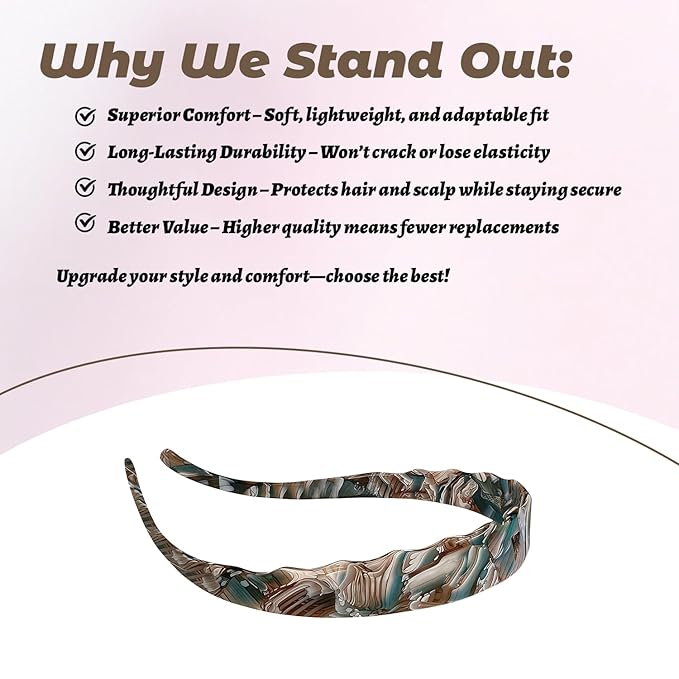 Acetate Hairbands for Women - Non-Slip Thin Headbands with Teeth, Eyewear-Friendly Design, 90s Retro Hair Accessories, No Pressure & No Headache Sunglasses Headband (Blue Marble)