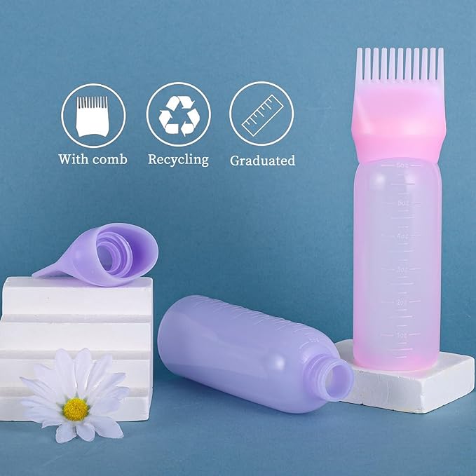 Pimoys Root Comb Applicator Bottle 6 Ounce, Oil Applicator for Hair Dye, Hair Oiling Bottle Brush with Graduated Scale, Pink