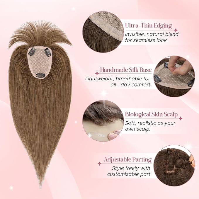 Real Human Hair Toppers for Women 3.54"*4.72" Silky Base 150% Density With Bangs Adjustable Parting Clip-In Topper Hairpieces for Women with Thinning Hair 10 Inches Medium Brown
