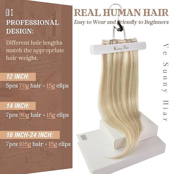 Ve Sunny Blonde Clip in Hair Extensions Real Human Hair Highlighted Clip in Human Hair Extensions Highlight Caramel Blonde with Platinum Blonde Human Hair Extensions Clip ins 120g 16 Inch 7pcs