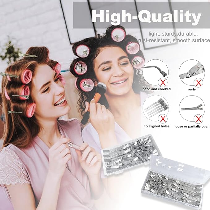 42Pcs Styling Hair Clips Set: Silver Metal Duck Billed Clips for Women's Hairstyling, Long Duckbill Pins, Alligator Rollers with Case