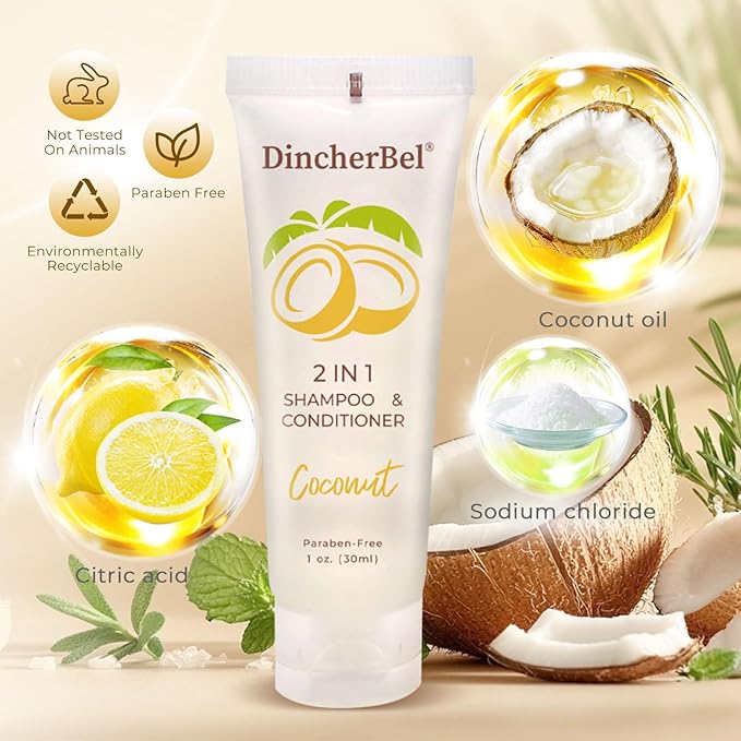Travel Size 2 in 1 Shampoo & Conditioner, Refreshing Tropical Coconut Scent Shampoo Amenities - Small Hotel Toiletries in Bulk (1 Fl Oz, 100 Pack)