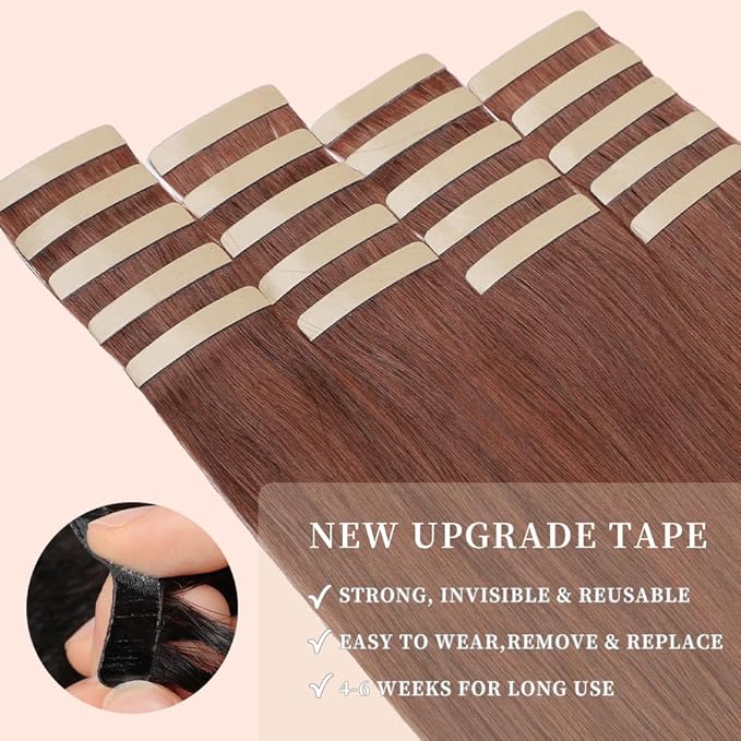 Tape in Hair Extensions Human Hair 20pcs 18Inch Dark Auburn Straight Remy Human Hair for Women Seamless Remy Tape in Hair Extensions(33#, 18 Inch)