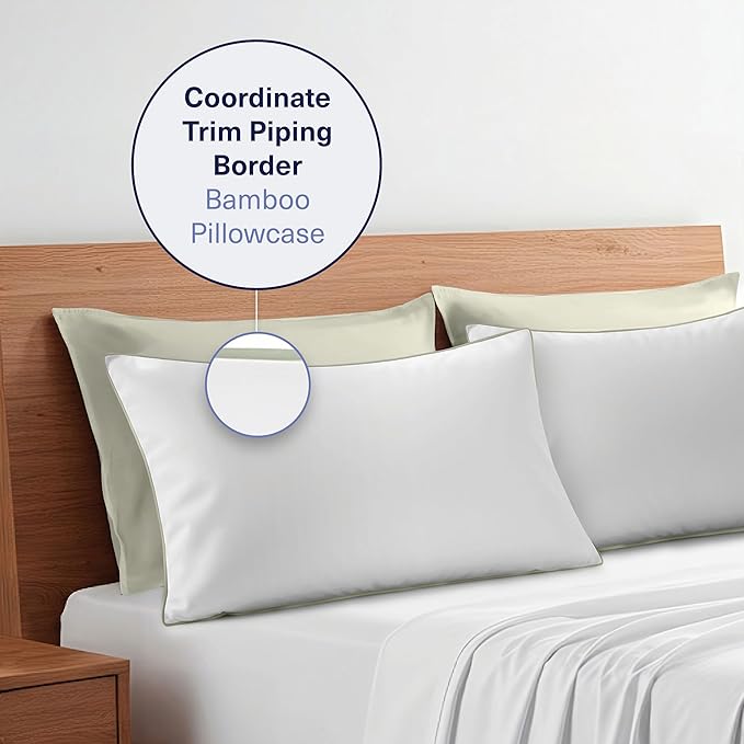 Kickoff Viscose Bamboo Pillowcase, Queen, Set of 2, 100% Organic Hidden Zippered Viscose Bamboo Pillow Case Queen Size, Cooling Pillow Cover for Hot Sleepers (20"x30", Trimmed, Soft Sage)