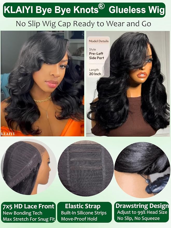 KLAIYI Bye Bye Slip™ Loose Body Wave Wig Layer Side Part 200% Density 7X5 Pre Cut Lace Front Wigs Human Hair Drawstring Glueless 30S Ready to Wear and Go Beginner Wig Pre Plucked Bleached Knots 14Inch