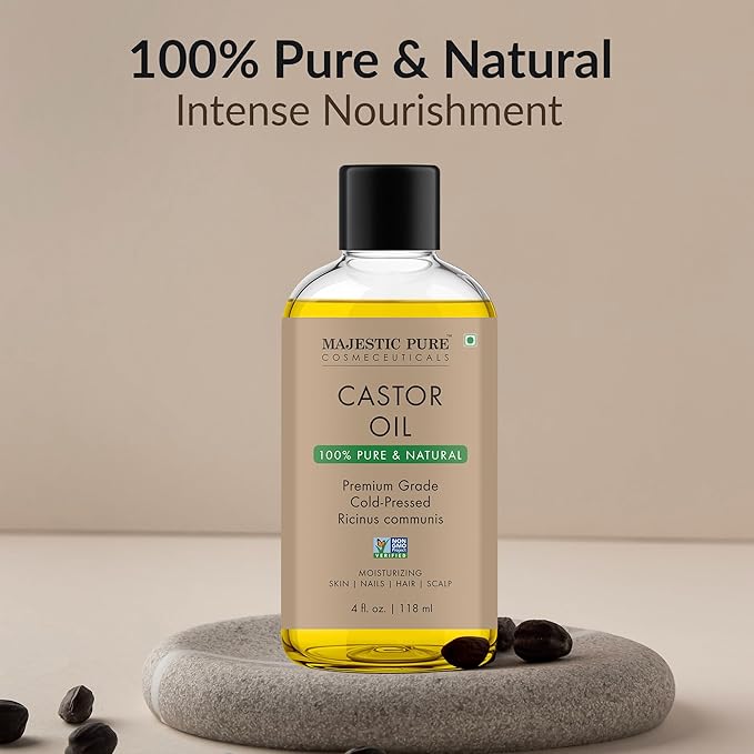 Majestic Pure Castor Oil with Applicator - 100% Pure & Natural - Premium Grade, Cold Pressed, Hexane Free - Hair, Eyelashes, Eyebrows, Nails - Moisturizing & Nourishing - 4 Fl Oz