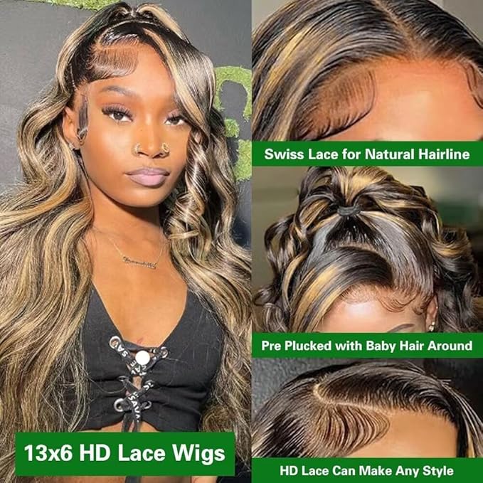 34 Inch Balayage Highlight Lace Front Wig Human Hair FB/27 Body Wave Lace Front Wigs Human Hair 13x6 HD Lace Glueless Wig for Black Women 180% Density Honey Blonde Balayage Wig Human Hair