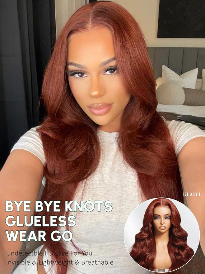 KLAIYI Bye Bye Knots Glueless Wig Reddish Brown Body Wave 7x5 Pre Cut HD Lace Front Wigs Human Hair Put On And Go Wig Pre Bleached Pre Plucked with Baby Hair 30S Ready To Wear 150% Density Full 22Inch