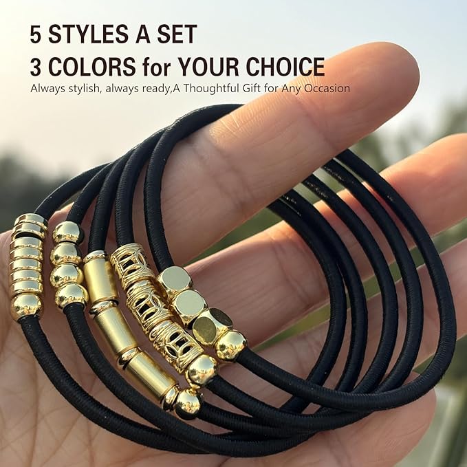 Black Bracelet Hair Ties for Women,5 Pack Cute 3mm Thick Elastic Ponytail Holders Accessories No Damage Stretchy Beaded Pony Tails Hair Tie with Gold Metal Charms Beads