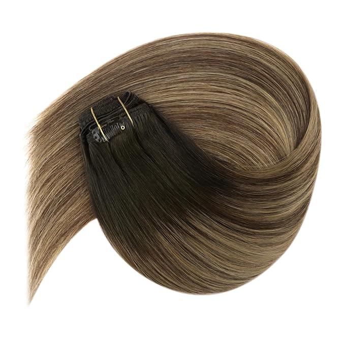 Ve Sunny Clip in Hair Extensions Real Human Hair Black Ombre Clip in Human Hair Extensions Black with Brown Blonde Balayage Hair Extensions Clip ins Short Hair 12Inch 80g