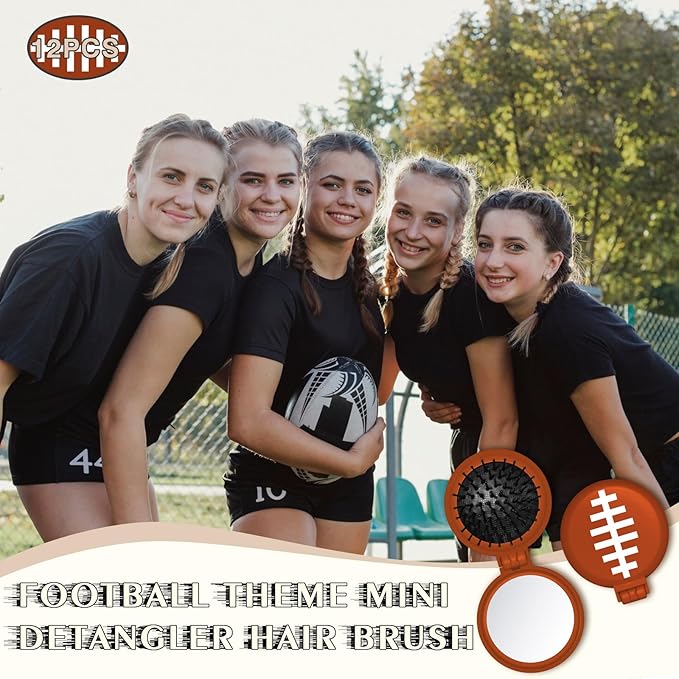 12 Pcs Football Mini Detangler Brush, Folding Mirror Hair Brushes, Travel Hair Brush, No Tangle Soft Flexible Bristles for Straight, Curly, Thick Hair for Football Team Gift Sport Party