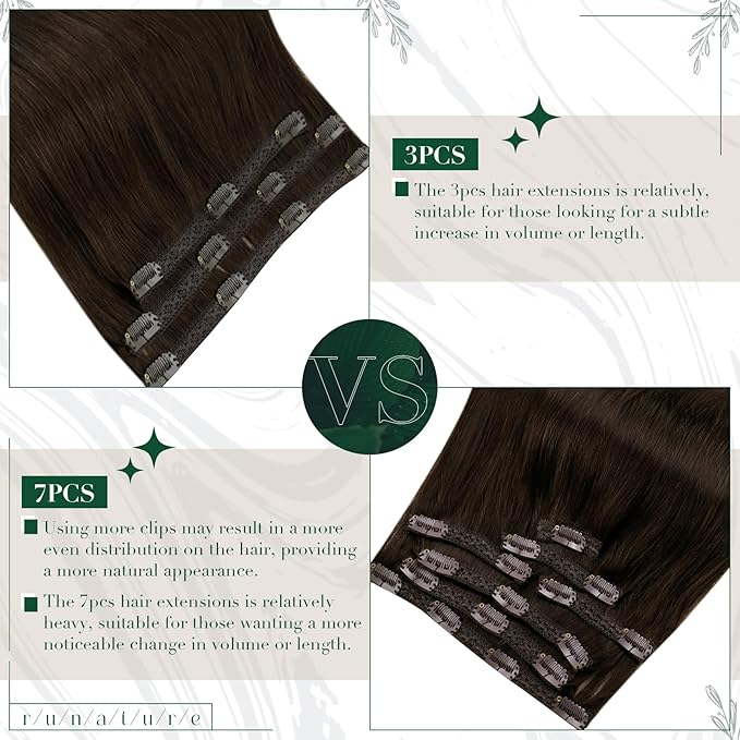 RUNATURE Brown Clip in Hair Extensions, Real Human Hair Clip in Extensions, Short Hair Extensions Clip Ins 10 Inch, Double Weft Remy Natural Hair, Tangle Free, 50g 3pcs #2 Dark Brown