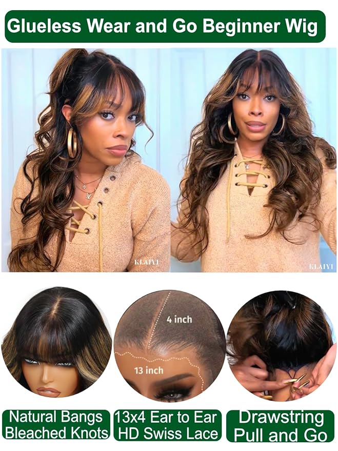 KLAIYI Ombre Brown Loose Body Wave Pre Everything Glueless 13x4 HD Lace Front Human Hair Wig with Natural Bang Highlight Balayage Brown Precut Lace Pre Plucked Bye Bye Knots Drawstring Wig 180% 18Inch