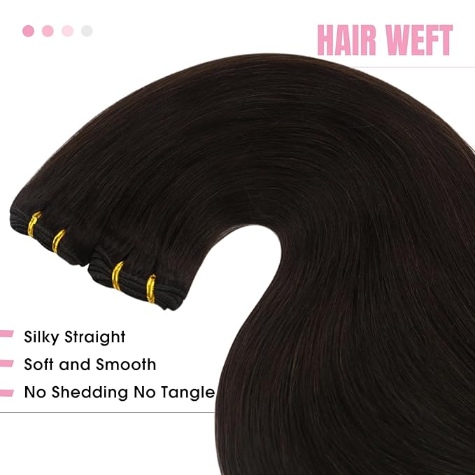 YoungSee Human Hair Sew in Extensions Darkest Brown Weft Extensions Long Straight Hair Sew in Bundles Human Hair Dark Brown 22Inch 100G