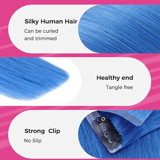 Lashey Clip in Hair Extensions Real Human Hair 50g 4pcs Blue Straight Seamless Clip in Hair Extensions Human Hair 22 Inch Hair Extension Clips