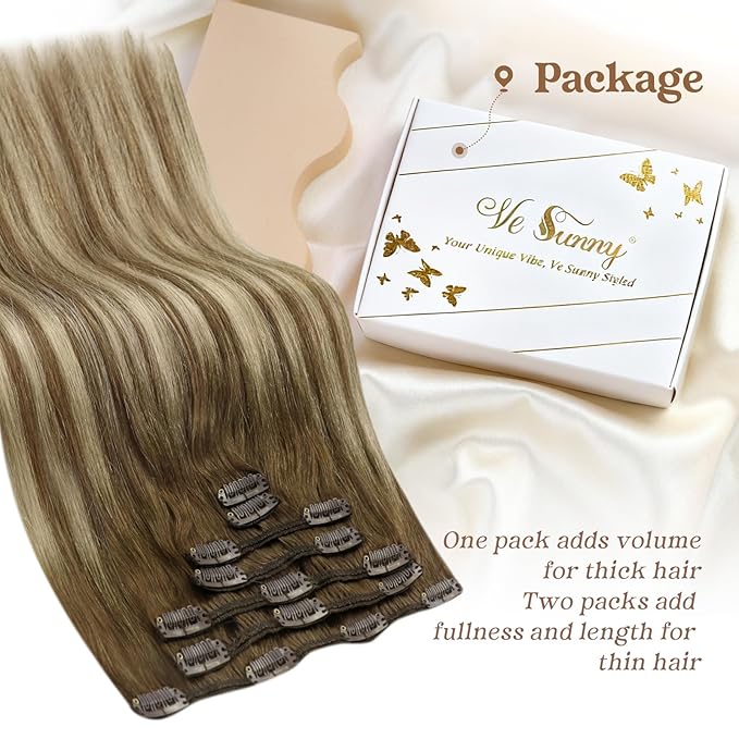 Ve Sunny Balayage Clip in Hair Extensions Human Hair Clip in Extensions Brown Clip in Human Hair Extensions Chestnut Brown with Platinum Blonde Hair Extensions for Holiday Party 120g 7pcs 24inch