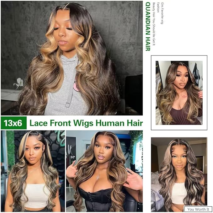 13x6 Body Wave Lace Front Wigs Human Hair 180% Density FB/27 Balayage Highlight Lace Front Wig Human Hair 26 Inch HD Lace Frontal Wigs Glueless Wigs Balayage Wig