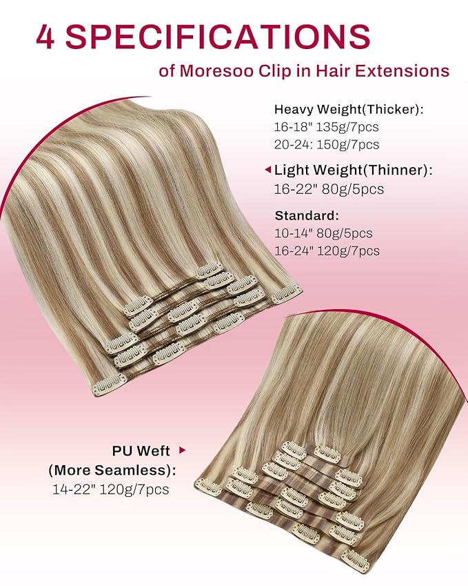 Moresoo Clip in Hair Extensions Brown with Blonde Highlights Clip ins Human Hair Golden Brown with Platinum Blonde Long And Straight Double Weft 80g/5pcs 22 inch