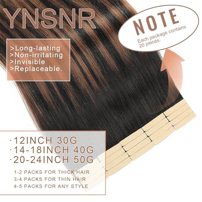 Tape in Hair Extensions Human Hair Balayage Natural Black Mixed Chestnut Brown Hair Extensions 18 Inch 20pcs Remy Straight Human Hair Tape in Extensions Skin Weft Tape Extensions Human Hair
