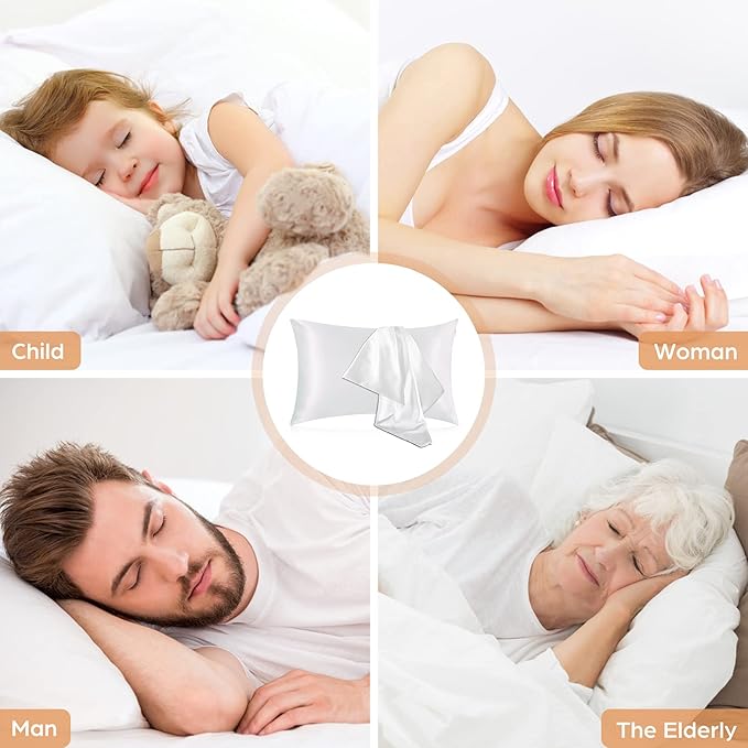 Silk Pillowcase for Hair and Skin, 2 Pack 100% Mulberry Silk Pillowcase 25 Momme, 600 Thread Count, Both Side Pure Silk Pillow Cover with Hidden Zipper (White, Standard 20''×26'')