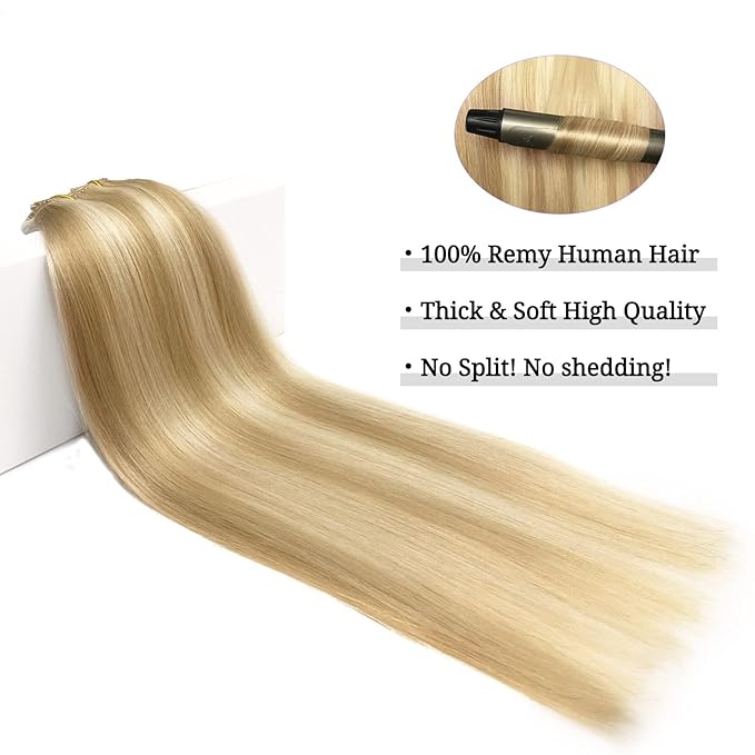DOORES Clip-in Hair Extensions - Real Human Hair, Dark Blonde Highlighted Bleach Blonde 80g, 12 Inch, 7pcs Straight Natural Clip-ins