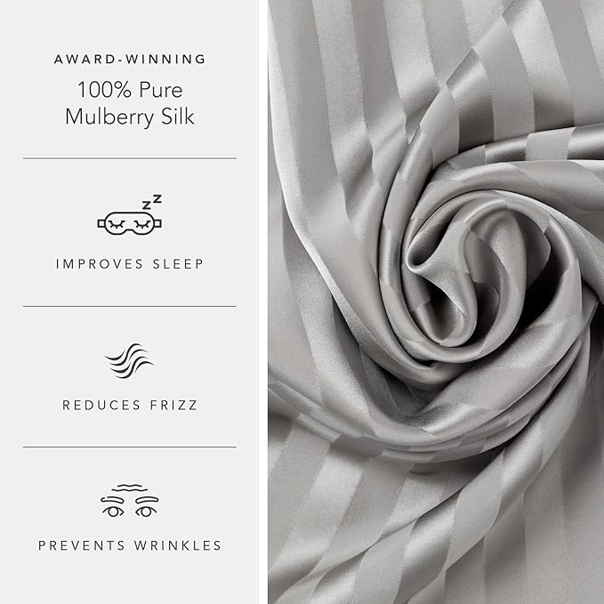 Fishers Finery 25mm 100% Pure Mulberry Silk Pillowcase Set (Gray Stripe Queen 2 Pack)