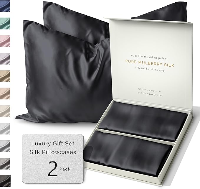 SUNDAYSILKS™ | Silk Pillow Cases 2 Pack | 22 Momme Mulberry Silk Pillowcase Set of 2 | All Sides 100% Pure Silk Slip Pillowcases Bliss for Women, Zipper | Standard Queen, King Size [Midnight Black]