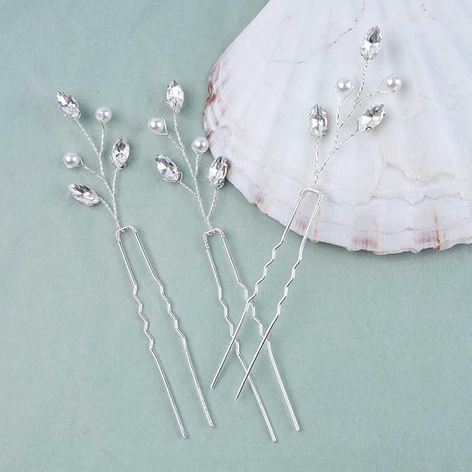 3 Pieces Pearl Crystal Bridal Hairpins Silver rhinestone wedding hairpins headpiece Tiny Pearl Hair Pins Decorative Prom Accessory for Women Wedding Hairstyles