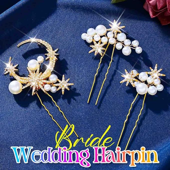 Kilshye Rhinestone Bridal Hair Pins Gold Pearl Wedding Hair Accessories Star Hair Pieces for Women (Pack of 3)