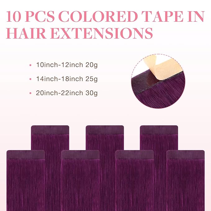 GOO GOO Tape in Hair Extensions Human Hair, Violet, 12inch 20g 10pcs, Colored Tape ins Human Hair Extensions, Silky&Soft Invisible Tape Ins, Hair Highlighted for Party