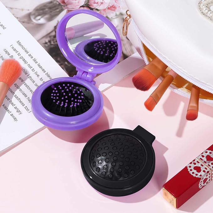 2pcs Folding Travel Mirror Hair Brushes Round Mirror Pocket Hair Brush Portable Mini Pop Up Hair Brushes for Women Girls Wet and Dry Hair (Purple, Black)