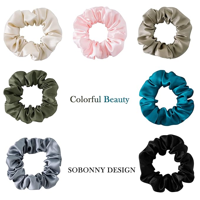 Mulberry Silk Hair Scrunchies, 5 Count, 100% Silk, No Damage for Frizz Prevention, Sleep and Night Scrunchie, Hair Accessories for Women (Peacock Blue, Metallic Gray, Army Green, Black, Pink)