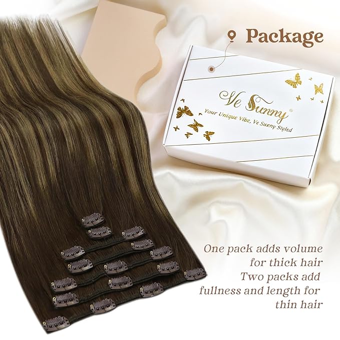 Ve Sunny Brown Clip in Hair Extensions Real Human Hair Balayage Clip in Human Hair Extensions Brown with Caramel Blonde Clip on Hair Extensions for Women 16inch 120g 7pcs
