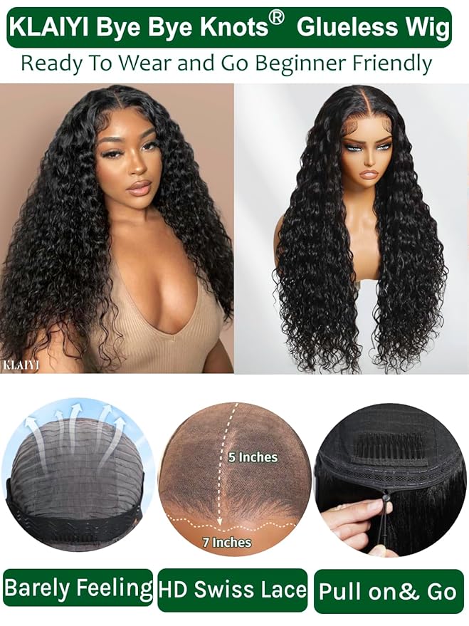 KLAIYI Water Wave Bye Bye Knots Glueless Wig Human Hair 7x5Precut Lace Front Pre Plucked Bleached Wear and Go Wig with Curly Baby Hair Drawstring 3S Ready to Go Pre Everything Beginner Friendly 14Inch