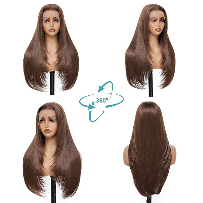 Chocolate Brown 13x4 Layered Hairstyle Synthetic Lace Front Wig Glueless Pre Plucked 26inch Dark Brown Long Straight Black Wig for Women Beginner Friendly