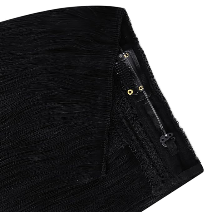 YoungSee Invisible Wire Hair Extensions Jet Black Human Hair Wire Extensions Black Fish Line Hair Extension Real Human Hair Easy to Wear 18inch 80g