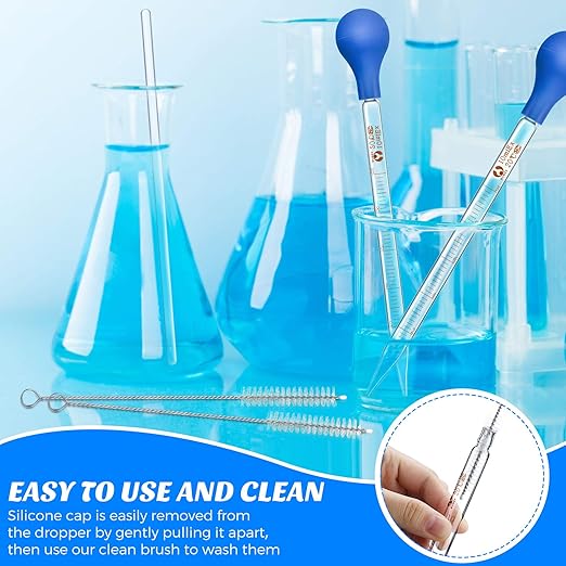 Weewooday Glass Droppers Pipettes Graduated Lab Dropper Glass Liquid Pipette with Big Rubber Hats 20 cm Stir Rod Washing Brush Transfer for Liquid Essential Oil(8 Pieces,Blue,10 ml)