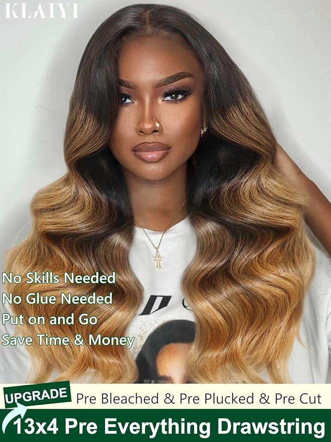 KLAIYI Ombre Highlight Blonde Loose Wave Pre Everything Glueless 13x4 Lace Front Wigs Human Hair Drawstring Balayage Brown Pre Cut Pre Plucked Bleached Ready to Wear and Go Wig with Dark Roots 24Inch