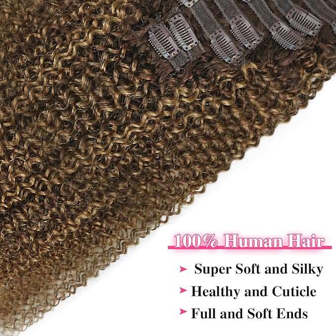 Kinky Curly Clip in Hair Extensions Real Human Hair 4/27/4 Omber Kinky Curly Clip ins For Women 3c 4a Brazilian Virgin Clip on Hair (24inch,#4/27/4)