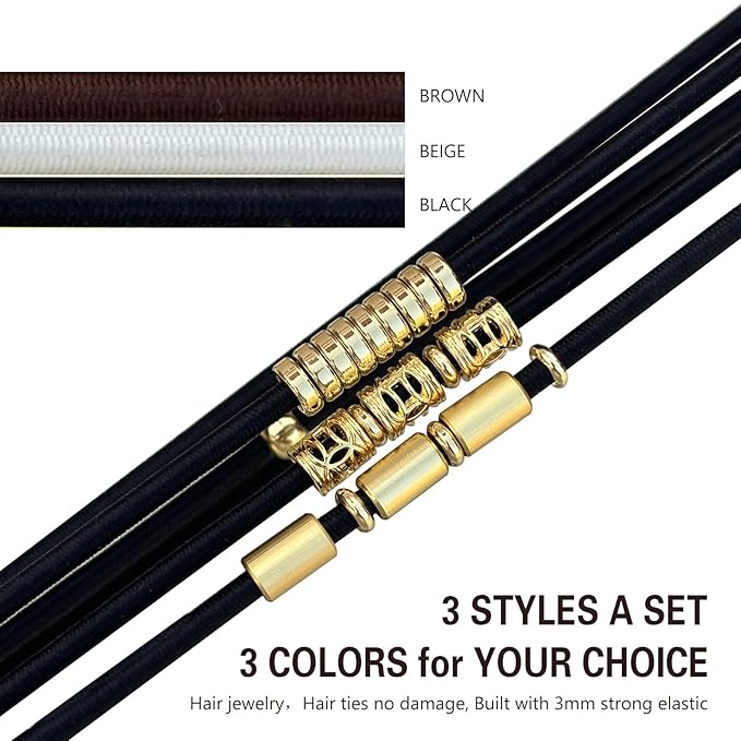 Brown Extra Large Long Bracelet Hair Ties for Thick Curly Hair,3 Pack 3mm Elastic Ponytail Holders Accessories for Women No Damage Stretchy Pony Tails Bands with Gold Metal Charms Beads